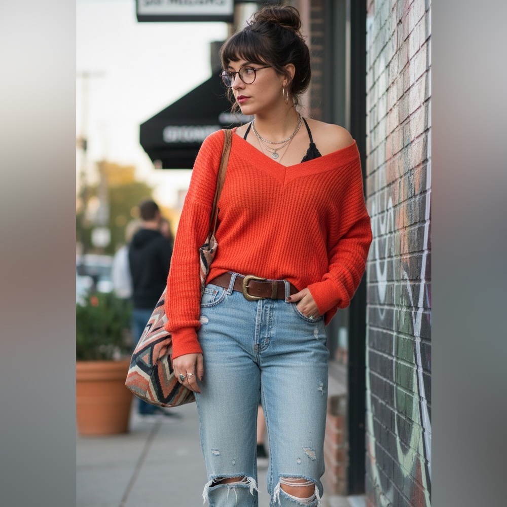 Lumiere Red V-Neck Cotton Sweater